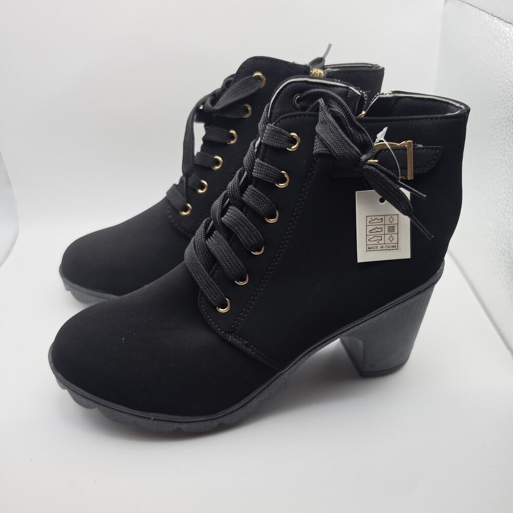 Women's Ankle Boots Size 42 Black Lace Up Block Heel Side Zip Gold Buckle